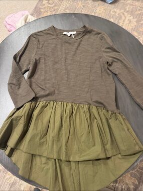 Womens Olive Brown Two-Tone tunic peplum Top - Casual Layered Shirt